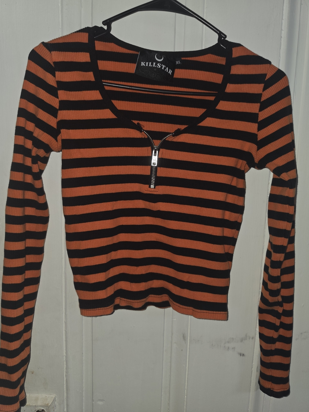 Killstar Orange and Black Striped Long Sleeve Zip Crop Top